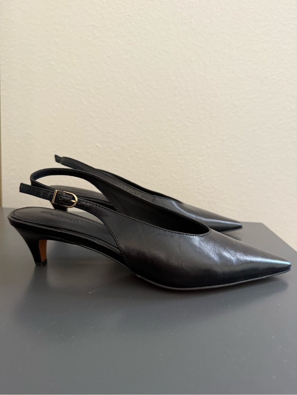 Madewell The Emelie Black Leather Slingback Pointed-Toe Kitten Heels